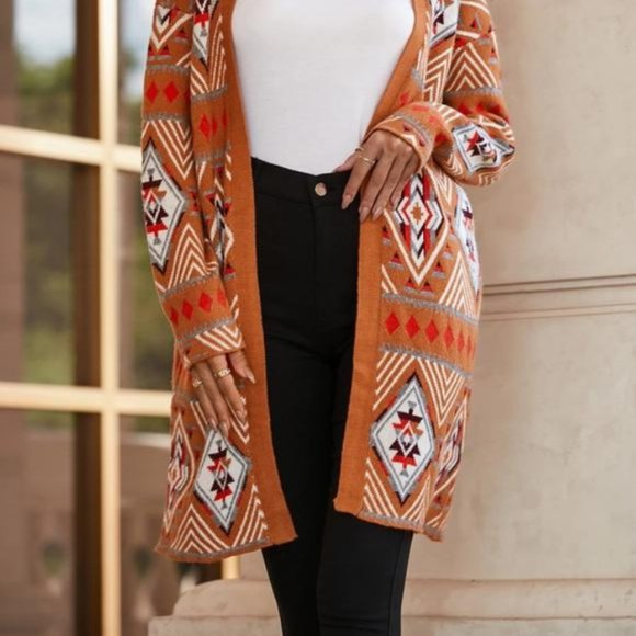 Brown Aztec Geometric Knit Open Front Cardigan - Picture 4 of 6